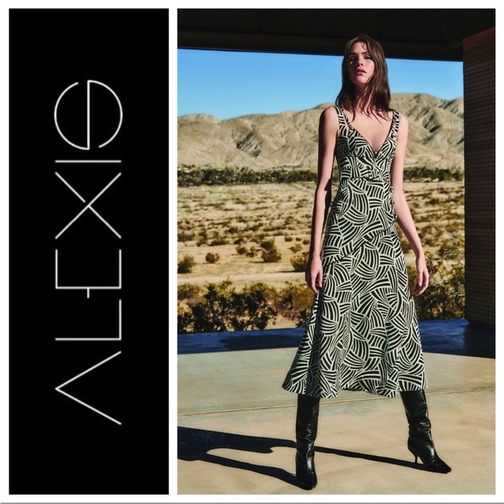 Alexis Black and Cream Geometric V‑Neck Midi Dress
